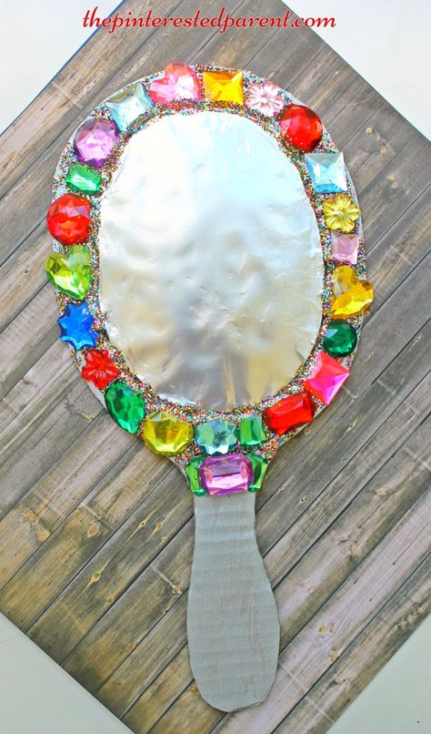 Cardboard jeweled mirror craft for kids - arts & crafts for pretend play - This would be fun for playing Snow White Cardboard Mirror, Mirror Craft, Craft Cardboard, Fairy Tale Crafts, Princess Crafts, Cardboard Craft, Mirror Crafts, Diy House Projects, Camping Crafts