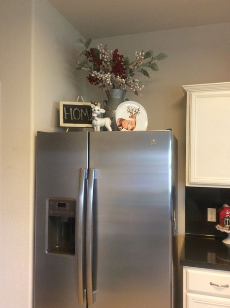 Decorations For Top Of Fridge, Tops Of Fridge Decor, Decor For Above Fridge, Christmas Decor On Top Of Fridge, How To Decorate Top Of Fridge, Ideas For Above Refrigerator, Top Of Refrigerator Christmas Decor, Refrigerator Decoration Top Of, Christmas Decor Top Of Fridge