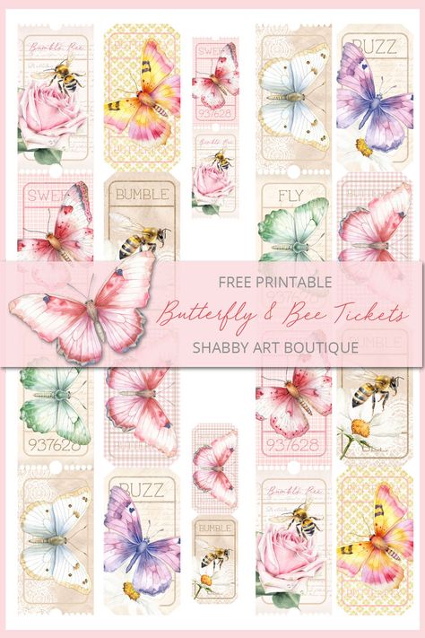 Free Printable Butterfly and Bee Tickets - Shabby Art Boutique Watercolour Butterflies, Vintage Labels Printables Free, Vintage Labels Printables, Shabby Chic Printables, Shabby Art Boutique, Printable Butterfly, Printable Tickets, Digital Paper Free, Easy Flower Painting