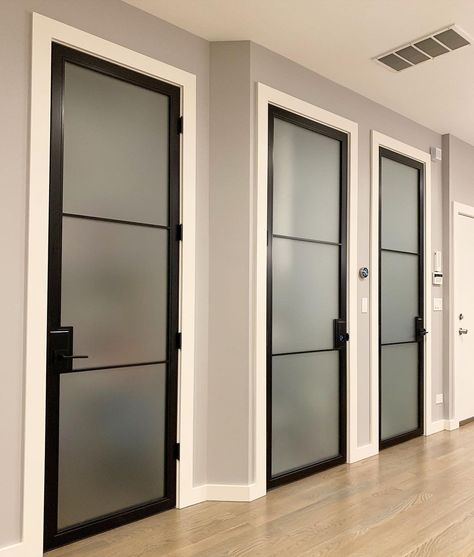 Indoor Doors Modern Luxury, Black Frosted Glass Interior Doors, Translucent Glass Door, Indoor Glass Doors Modern, Frosted Office Doors, Frosted Glass Office Doors, Office Doors For Home, Toilet Door Ideas, Glass Office Doors