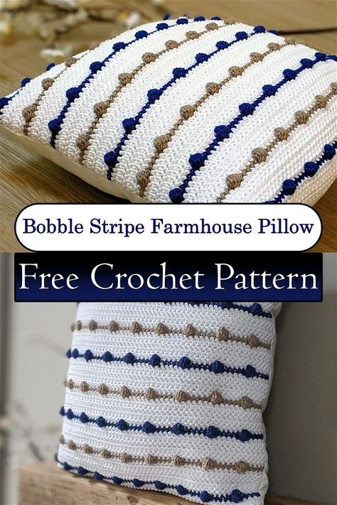 Bobble Stripe Farmhouse Pillow Crochet Pillow Case Pattern, Crochet Cushion Covers, Crochet Pillow Patterns Free, Crochet Pillow Cases, Diy Crochet Flowers, Crochet Cushion Pattern, Crochet Bobble, Pillow Covers Pattern, Pillow Patterns