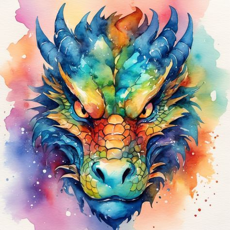 brightly colored dragon head with watercolor splashs on it, dragon face, dragon head, dragon portrait, dragon art, portrait of a dragon, watercolor detailed art, fantasy watercolor, painted in bright water colors, fantasy water color, intense watercolor, dragon head!, dragon, detailed watercolour, mythical creature, dragon centered, detailed art, vibrant watercolor painting, masterful detailed watercolor Dragon Watercolor Painting, Dragon Face Drawing, Dragon Head Art, Watercolour Dragon, Beautiful Dragon Art, Realistic Dragon Drawing, Watercolor Dragon Tattoo, Paint Dragon, Dragon Faces