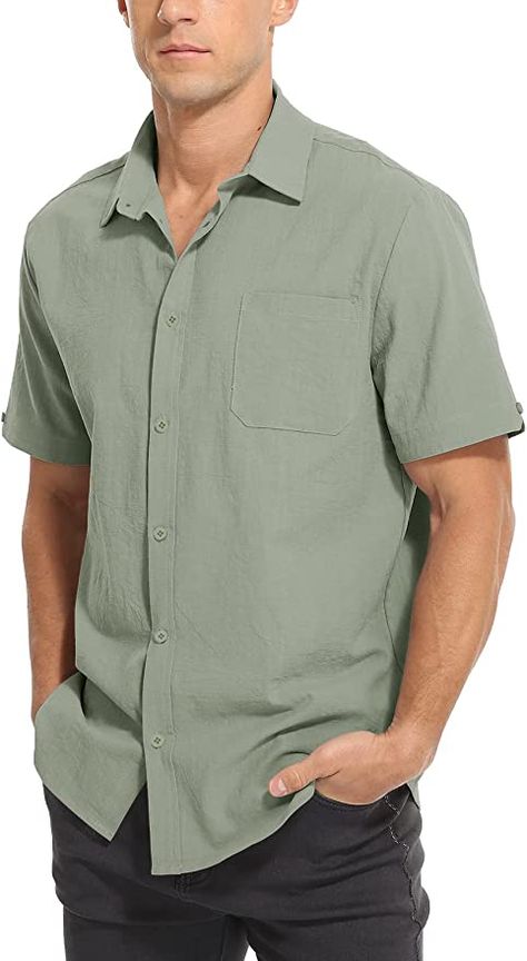 Green Button Down Shirt Outfit Men, Button Down Shirt Short Sleeve, Amazon Favorites, Short Shirt, Short Sleeve Dress Shirt, Button Down Shirt Mens, Lightweight Dress, Business Shirts, Mens Short Sleeve Shirt