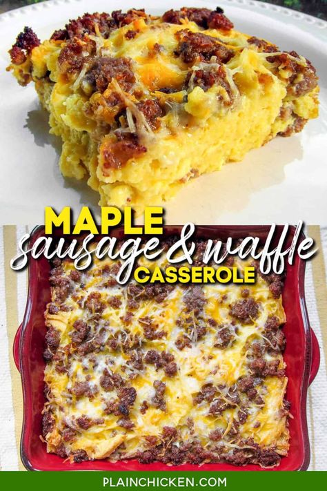 Maple Sausage and Waffle Casserole Recipe - waffles, sausage, cheese, eggs, milk and maple syrup. Can make the night before and refrigerate overnight - smelled amazing while it baked - tasted even better!! #breakfast #waffles #eggos #casserole Recipes With Maple Sausage, Waffle Casserole, Maple Sausage, Breakfast Sausage Recipes, Better Breakfast, Plain Chicken, Breakfast Waffles, Breakfast Sandwiches, Breakfast Recipes Casserole