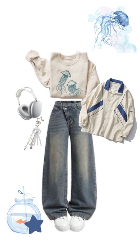 a sea inspired outfit Ocean Clothing Aesthetic, Marine Biologist Aesthetic Outfits, Marine Biology Aesthetic Outfit, Seacore Outfit, Marine Biology Outfits, Seaworld Outfit Ideas, Marine Biologist Outfit, Under The Sea Outfit Ideas, Sea Witch Aesthetic Outfit