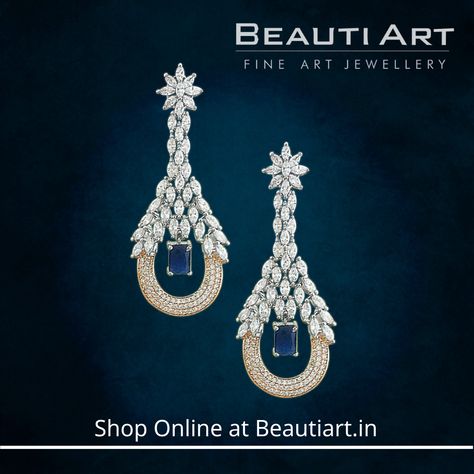 RHODIUM PLATED LONG EARRINGS WITH CZ STONE - BLUE (BAER0205)  Styling Idea:   These blue earrings is studded with sparkling CZ stone and plated with Rhodium.  Can be worn with blue or white gown or designer saree.  These earrings comes with BeautiArt’s assurance of quality and durability.  #beautiartjewellery #designercollection #uniqueearrings #antiquejewellery⠀⠀⠀⠀⠀⠀ ⠀⠀⠀⠀⠀⠀ Caution: "Cheap imitation jewelry are also available in market which look good online and bad when they arrive.” Diamond Earrings Long Western, Diamond Earrings Long, Ruby Diamond Necklace, Ear Tops, Diamond Bracelet Design, Modern Gold Jewelry, Jewellery Design Sketches, Western Earrings, Bridal Diamond Jewellery