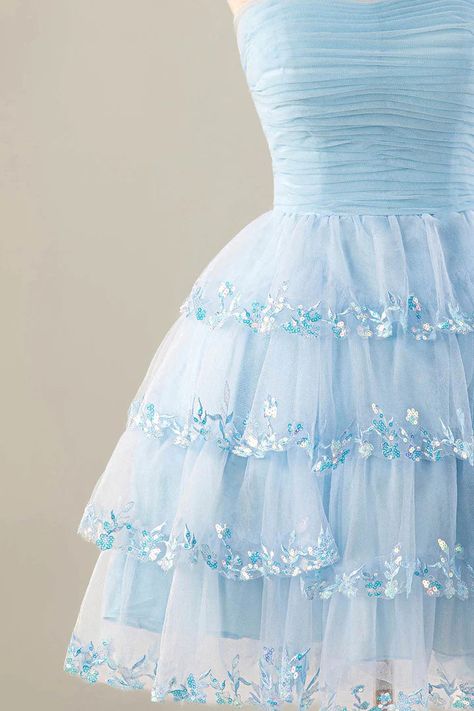 Strapless chiffon ruffle back to school dress 8th Grade Formal Dresses For Teens Fancy, Hoco Dresses Puffy Skirt, Eighth Grade Dance Dresses Short, Blue Winter Formal Dresses, Winter Formal Dresses For Teens, 7th Grade Dance Dresses, Dresses For 8th Grade Dance, Homecoming Dresses Light Blue, Tule Dresses