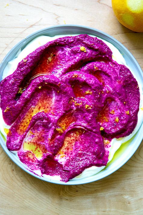 This beet dip is irresistible, and the best part? No need to cook the beets! Simply purée with seasonings, and you're done. #beets #raw #dip #glutenfree #vegetarian Dip With Greek Yogurt, Labneh Dip, Beet Dip, Raw Beets, Veggie Snacks, Raw Foods, Pomegranate Molasses, Spicy Food, Toasted Almonds