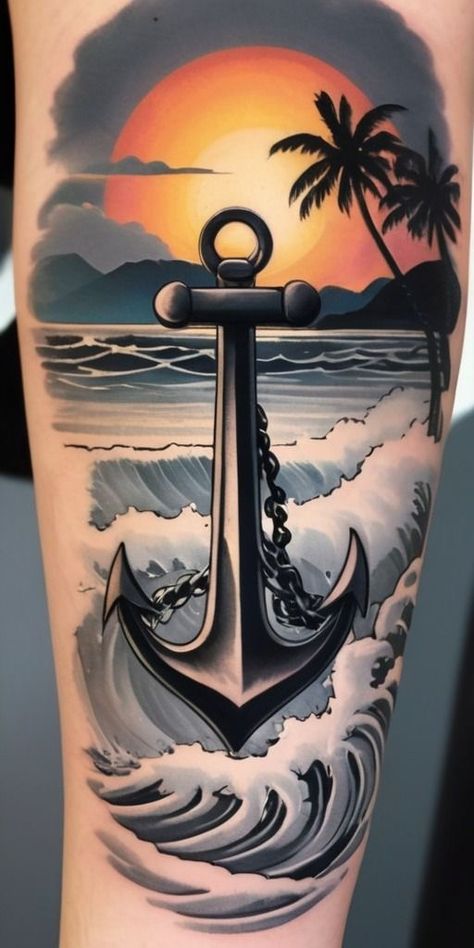 Seaman Tattoo Design, Anchor Tattoo Design, Sunset Tattoos, Neon Photography, Body Template, Old Sailing Ships, Cool Arm Tattoos, Anchor Tattoo