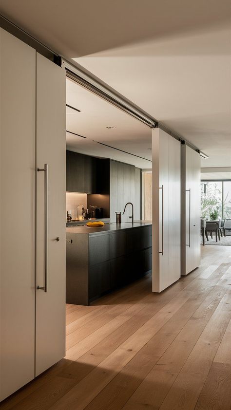 Replace traditional swinging doors with sliding doors to conserve space, facilitating smoother movement and a more open kitchen layout. Kosher Kitchen Design, Sliding Door Kitchen, Open Kitchen Layout, Doors For Kitchen, Kitchen Sliding Doors, Reclaimed Wood Cabinet, Open Kitchen Layouts, Kosher Kitchen, Small Kitchen Remodel Ideas