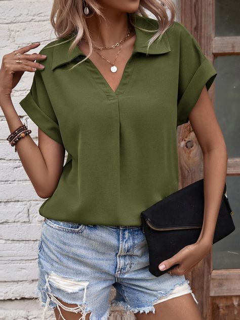 Green Casual Collar Short Sleeve Woven Fabric Plain Top Embellished Non-Stretch  Women Tops, Blouses & Tee Women Short Sleeve Tops, Business Casual Blouses For Women, New Top Designs For Women Western, Simple Top Designs For Women, Plain Top Designs, Short Sleeve Shirt Outfit Women, Vintage Tops For Women, Vintage Shirts For Women, Short Sleeve Shirt Outfit