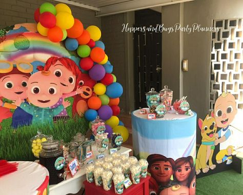 Themed Plinths and Large photos props. Cocomelon Candy Table, Birthday Party Paper Decorations, Baby Birthday Party Theme, Coco Melon, 2nd Birthday Party For Boys, 2nd Birthday Party For Girl, Cocomelon Birthday, 2nd Birthday Boys, Baby Boy 1st Birthday Party