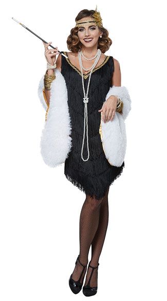 Fabulous Flapper Costume - Yandy.com White Stole, Lace Headpiece, Black Garter, Black Fringe Dress, California Costumes, Faux Fur Stole, Flapper Costume, Gatsby Style, Fur Stole