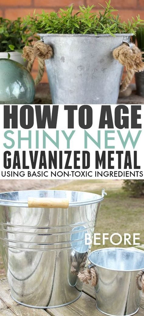 Old galvanized metal can be so beautiful and so full of character. There are many ways to quickly "age" shiny new galvanized metal, but a lot of them use scary harsh chemicals so they didn't appeal to me so much. Read on to see how I age galvanized metal containers quickly using just basic household ingredients! #AgeGalvanizedMetal #MetalBucket #Galvanized Age Galvanized Metal Diy, Aging Corrugated Metal, How To Make Shiny Metal Look Old, Galvanized Metal Bucket, Galvanized Decor, Galvanized Tub, Galvanized Buckets, Crafts For Teens To Make, Aging Metal