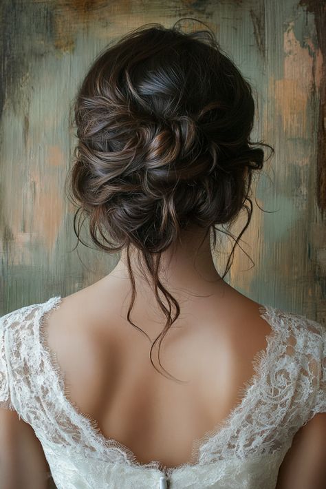 A woman with a neatly styled updo stands with her back to the camera. She wears a white lace dress with a low back. The background features a textured, abstract painting in earth tones. Boho Hair Updo, Messy Bridal Hairstyles, Boho Updo Hairstyles, Messy Bridal Hair, Messy Chignon, Bridal Hair Down, Textured Abstract Painting, Vintage Boho Wedding, Boho Wedding Hair