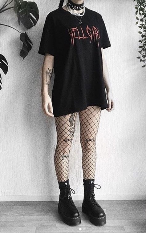 Fishnet Stockings Outfit Oversized Shirt, Big Tee Shirt Outfits Fishnet, Black Dress Fishnet Tights Outfit, Oversized Band Tee Outfits Grunge, Goth Oversized Shirt Outfit, Band Shirt Outfits Grunge, Band Tee Outfits Grunge, Band Tees Outfits Grunge, Cute Punk Outfits