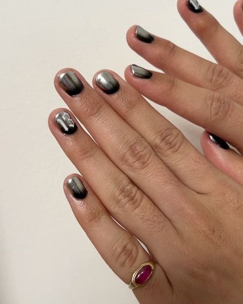 Black And Chrome Short Nails, Black Polish With Chrome, Black Nail Polish With Chrome, Black Airbrush Nails, Black 3d Chrome Nails, Black And Silver Aura Nails, Black Chrome Nails, Chrome Nail Art, Mens Nails