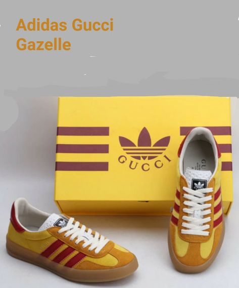 Adidas - Gucci collaboration Gazelle in yellow and mustard suede with red /// trim Gucci Collaboration, Shoes Wishlist, Yellow Trainers, Adidas Gucci, Adidas Og, Vintage Trainers, Yellow Adidas, Football Casuals, Shoe Wishlist