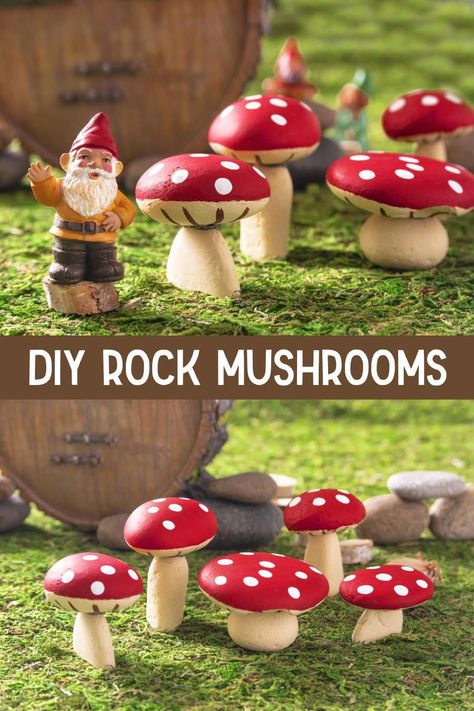 Learn how to make rock mushrooms out of smooth stones from the garden! Get the secrets for the right glue and paint to make your project last. Rock Yard Art, Summer Craft Ideas For Adults, Rock Mushrooms, Toadstool Craft, Mushroom Decorations, Mushroom Paint, Mushroom Crafts, Mod Podge Crafts, Pinterest Crafts