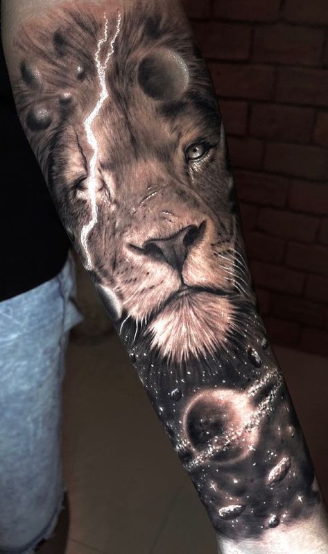 Best Lion Tattoo Ideas On The Internet Cool Lion Tattoos, Sleeve Tattoos Lion, Lion Moon Tattoo, Creative Lion Tattoo, Leo Sleeve Tattoo Men, Detailed Lion Tattoo, Lion Cover Up Tattoo, Lion Space Tattoo, Leones Tattoo