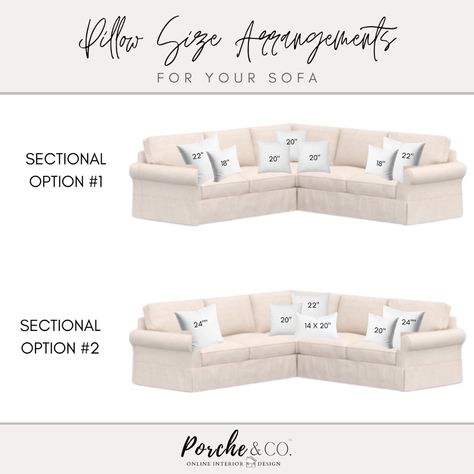 PORCHE & CO. :: Sofa & Sectional Throw Pillow Size Guide — Porche & Co. Throw Pillow Sectional, Sofa Cushions Arrangement, Sectional Couch Layout, Style Couch Pillows, Corner Sofa Cushions, Couch Pillow Arrangement, Throw Pillow Arrangement, Cushion Arrangement, Pillow Size Guide