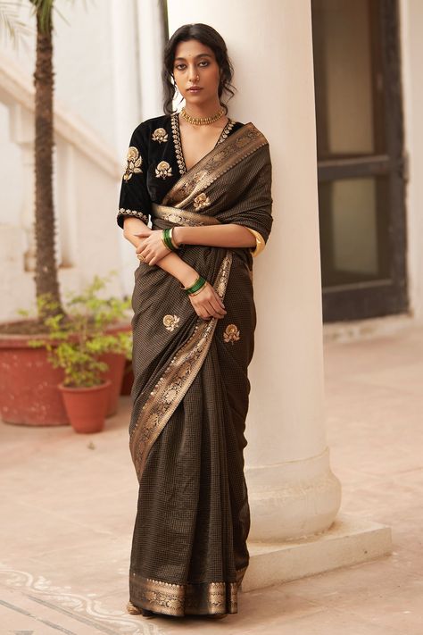 Shop for these amazing collections of Black Saree Silk Woven And Embroidered Surma Rani Phool & Blouse Set For Women by Label Earthen online at Aza Fashions. Traditional Dola Silk Blouse Piece For Formal Occasion, Traditional Formal Dola Silk Blouse Piece, Formal Dola Silk Blouse Piece, Black Blouse With Zari Weaving For Festive Occasions, Black Blouse With Pallu For Transitional Season, Festive Black Blouse With Zari Weaving, Transitional Black Blouse With Pallu, Black Art Silk Saree Blouse, Black Cotton Silk Traditional Wear With Unstitched Blouse