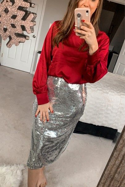 Satin Shirt With Sequin Skirt, Silver Sequin Skirt Outfit Christmas, Holiday Luncheon Outfit, Red And Silver Outfit, Red Sequin Skirt Outfit Holidays, Party Season Silver Sequined Skirt, Womens Red Glitter Skirts, Silver Sequin Skirt Outfit, Silver Skirt Outfit