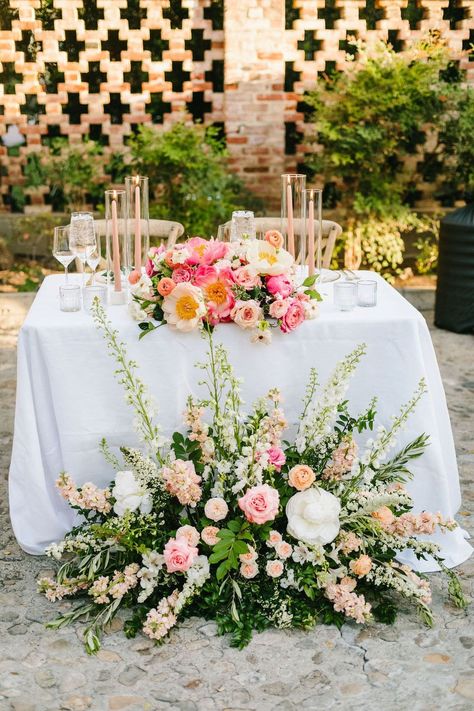 Blush, Peach & White Sweetheart Table White Sweetheart Table, Peach Color Palette, Sweetheart Table Flowers, Outdoor Spring Wedding, Peach Color Palettes, Pink Wedding Decorations, Wedding Runner, Peach Wedding Flowers, Pink And White Weddings