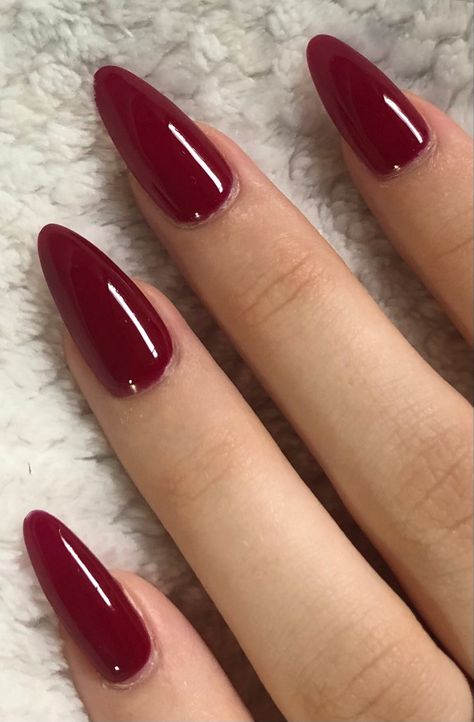 Acrylic Nails Ideas Long Almond, Cherry Red Nails Acrylic Almond, Crimson Red Almond Nails, Acrylic Nails Deep Red, Dark Cherry Almond Nails, Almond Cherry Red Nails, Witchy Red Nails, Red Nail Inspo Acrylic Almond, Almond Nails Cherry Red