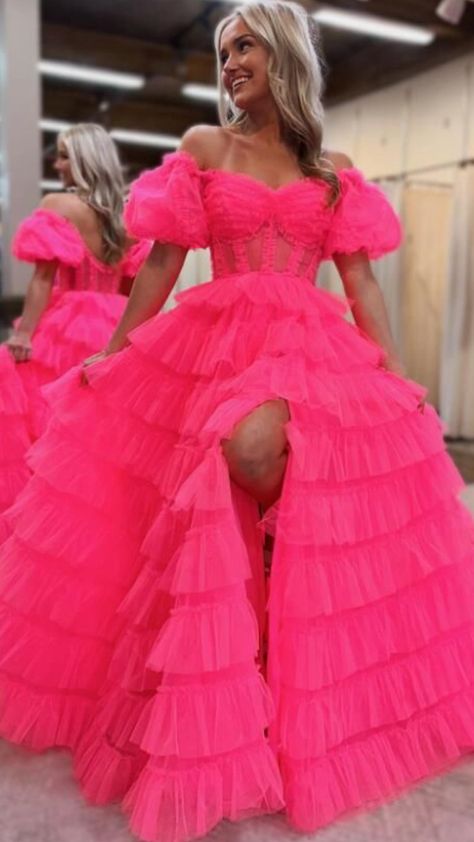 Fancy Church Outfits, Cute Prom Dresses Long, Prom Dress With Corset, Neon Pink Dress, Hot Pink Prom Dress, Tulle Long Dress, Tulle Long Prom Dress, Prom Dress Pictures, Cute Formal Dresses