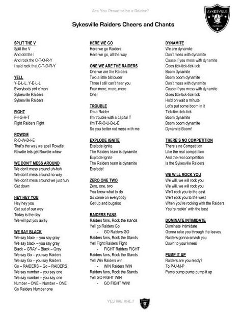 Sykesville Raiders Cheers and Chants Flag Football Cheerleading, Flag Football Cheers, Cheerleading Cheers Words, Side Line Cheer Chants, Baseball Cheers And Chants, Cheers For Competition, Peewee Cheerleading Cheers, Sideline Football Cheers, Sideline Cheer Chants Football