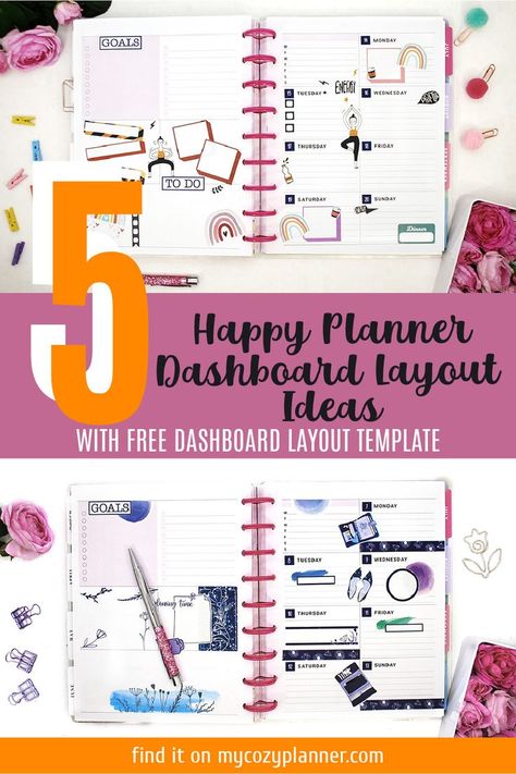 Yay! I have a Dashboard Happy Planner now! And it means, I can decorate it and share Happy Planner dashboard layout ideas with you. Have a look at weekly layouts for a Dashboard Classic planner I have made for this month. Feel free to copy these Happy Planner Dashboard layout ideas for your planner and use the stickers I used. Most of them are free. Check the links below every image to get the stickers for your personal use. Happy Planner Layout Dashboard, Happy Planner Sticker Layout Ideas, Dashboard Layout Happy Planner, Mini Happy Planner Layouts Dashboard, The Happy Planner Dashboard Layout Ideas, Dashboard Planner Ideas, Classic Happy Planner Dashboard Layout Ideas, Classic Happy Planner Layout Ideas, Bujo Dashboard