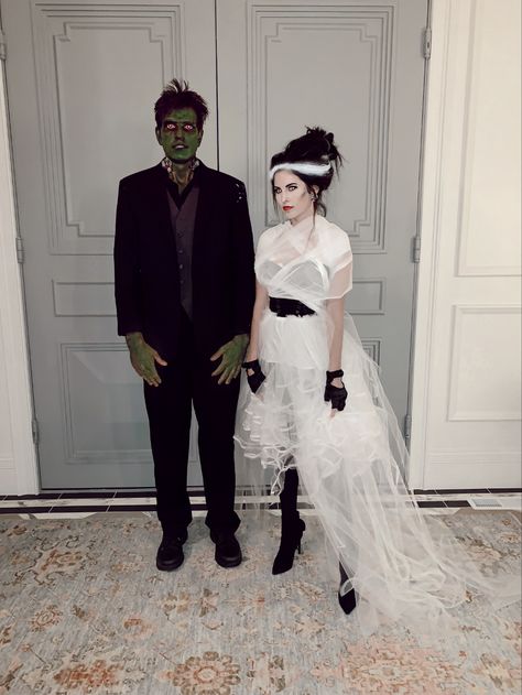 Recreating last year's Halloween Costumes... - Rach Parcell Lily Munster Halloween Costume, Monster Bride Costume, Bridal Party Halloween Costumes, Modern Frankenstein And Bride Costume, Frankenstein Wife Costume, Modern Bride Of Frankenstein Costume, Bride And Groom Halloween Costumes Ideas, Frankenstein And Wife Costume, Frankenstein And Bride Costume