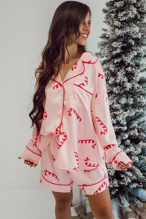 $13 Pink Christmas Candy Cane Print Shirt and Shorts Pajama Set Wholesale Cozy Christmas Pajamas, Shorts Pajama Set, Christmas Pajama Set, Shirt And Shorts, Night Ideas, Christmas Candy Cane, Casual Design, Pyjama Set, Short Pajama Set