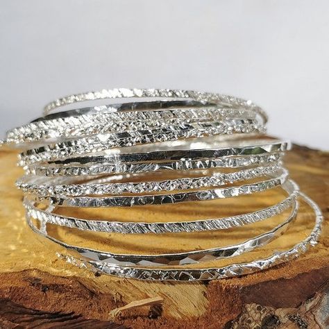 Bangles Ideas, Jewellery Bangles, Stacking Bangles, The Bangles, Bangles Set, Handmade Bangles, Hammered Sterling Silver, Stacked Bangles, 12 Gauge