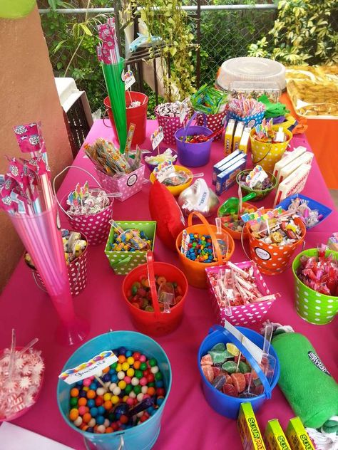 Candy Land Pool Birthday Party | CatchMyParty.com Candy Corner Ideas Birthday Parties, Candyland Painting, Candy Corner Ideas, Candy Land Birthday Party Ideas, Candy Land Birthday, Candy Corner, Candyland Theme, Candy Themed Party, Candy Land Birthday Party