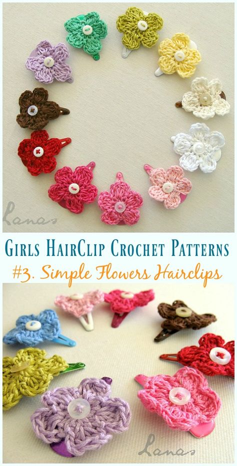 Crochet Simple Flowers Hairclip Free Pattern - Girls #HairClip; Accessories Free #Crochet; Patterns Hair Clip Crochet Free Pattern, Crochet Hair Clips Free Pattern Simple, Crochet Hair Clips Free Pattern, Crochet Hairclip, Hair Clip Crochet Pattern, Crochet Flower Hair Clips Free Pattern, Crochet Flower Hair Clips, Diy Crochet Headband, Crochet Hair Pins Flower Clips