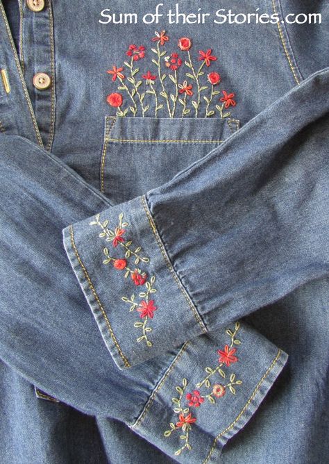 Embroidered Shirt Refashion — Sum of their Stories Craft Blog Jeans Bordados, Umgestaltete Shirts, Denim Embroidery, Denim Ideas, Embroidery Stitches Tutorial, Pola Sulam, Shirt Refashion, Embroidery On Clothes, Simple Embroidery