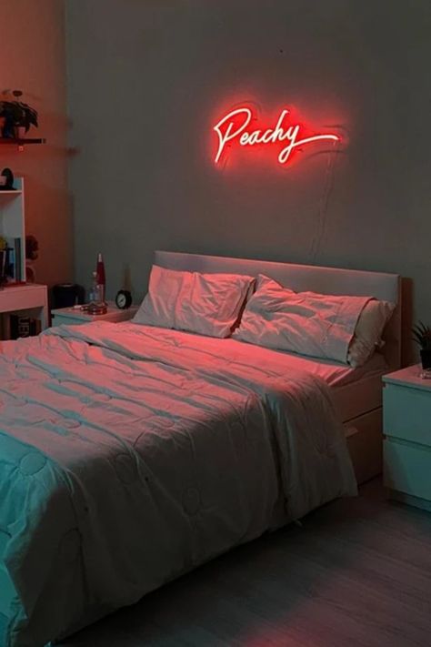 A custom neon sign was put on bedroom wall Unique Bedroom Decor, Bedroom Moodboard, Unique Bedroom, Neon Flex, Business Signage, Above Bed Decor, Above Bed, Custom Neon Signs, Led Neon