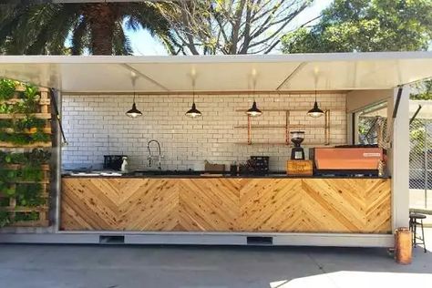 Container Cafe Interior, Tile Splash Back, Shipping Container Sizes, Shipping Container Workshop, Shipping Container Restaurant, Rustic Benches, Shipping Container Cafe, Container Coffee Shop, Container Restaurant