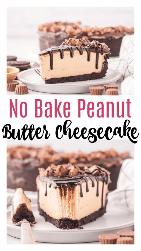 Easy Chocolate Cheesecake Peanutbutter Pie, No Bake Peanut Butter Cheesecake, Peanut Butter Cheesecake Recipes, Chocolate Peanut Butter Cheesecake, Oreo Cookie Crust, No Bake Peanut Butter, Peanut Butter Desserts, Peanut Butter Cheesecake, Easy Cheesecake Recipes