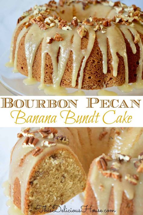 Bourbon Butter, Banana Bundt Cake, Banana Bundt, Butter Glaze, Bourbon Glaze, Bundt Cake Pan, Ripe Bananas, Bundt Cakes Recipes, Think Food