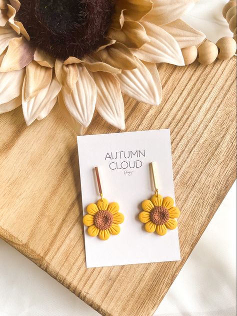 Clay Dangle Earrings, Cloud Design, Sunflower Earrings, Clouds Design, Handmade Polymer Clay, Polymer Clay Jewelry, Fall Autumn, Clay Jewelry, Polymer Clay Earrings