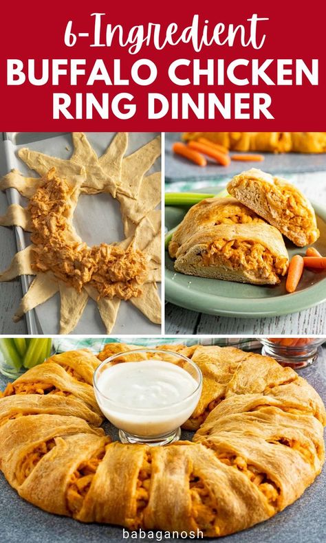 Buffalo chicken ring with shredded chicken breasts and crescent roll dough. Buffalo Chicken Dippers, Buffalo Ranch Shredded Chicken, Buffalo Chicken Wreath Recipe, Buffalo Chicken Wreath, Shredded Chicken Croissant, Buffalo Crescent Ring, Buffalo Chicken Dip Roll Ups, Buffalo Roll Ups, Buffalo Crescent Rolls