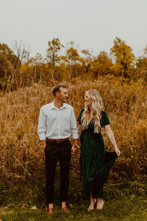 Fall engagment session outfit inspo. Green velvet maxi dress. Holly Ann Photography, Columbus, Ohio wedding photographer Green Outfits For Photoshoot, Hunter Green Engagement Photos, Fall Couple Photoshoot Outfits Dress, Green Velvet Dress Engagement Photos, Engagement Photo Dress Fall, Dark Green Dress Engagement Photos, Green Velvet Dress Family Photos, Velvet Dress Engagement Pictures, Emerald Green Dress Engagement Photos