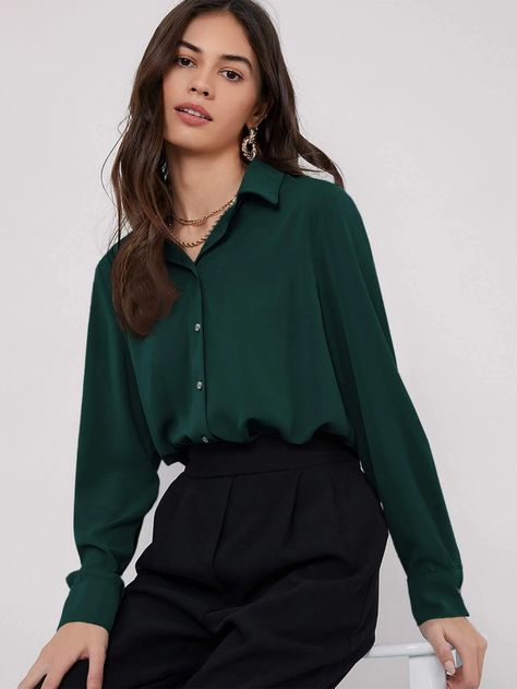 SHEIN Solid Curved Hem Blouse | SHEIN Army Green Top Outfit, Army Green Shirt Outfit, Long Sleeve Blouse Outfit, Green Blouse Outfit, Mint Green Outfits, Green Shirt Outfits, Green Top Outfit, Light Green Blouse, Army Green Blouse