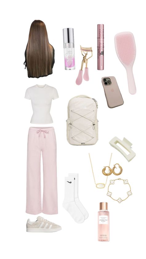 Pink joggers and a white top school outfit Back To School Outfits Pink, School Outfits Pink, Pink Joggers Outfit, Jogger Outfit, Top School, Back To School Outfit, Pink Joggers, Joggers Outfit, School Tops