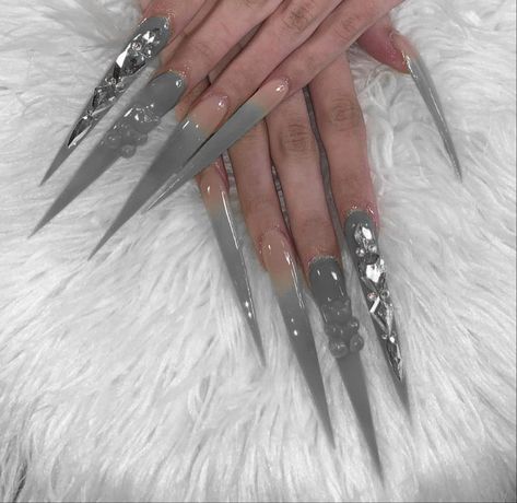 Grey Stilletto Nails, Extremely Long Acrylic Nails, Stelltos Nails, Simple Xxl Acrylic Nails, Gray Stiletto Nails, Tapper Square Acrylic Nails, Grey Stiletto Nails, Xxl Nail Designs, Xxl Stiletto Nails