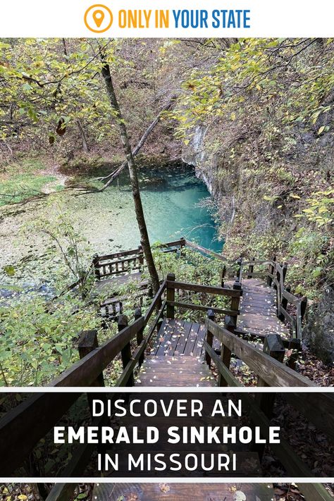 Discover a beautiful emerald tinted sinkhole, abandoned castle ruins, and more on this unique Missouri trail. It is a dog and family-friendly hike. Missouri Hiking, Ha Ha Tonka, Ozarks Missouri, Trail Walking, Time Is Precious, Abandoned Castles, Gorgeous Scenery, Castle Ruins, Secret Beach