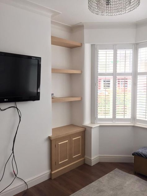 MDF alcove cupboard with floating shelves | Harrison Fine Woodwork | Lee Harrison Bedroom Alcove Ideas, Floating Cupboards, Bedroom Alcove, Alcove Ideas Living Room, Alcove Ideas, Cleaning Cupboard, Alcove Cupboards, Alcove Shelving, Diy Cupboards